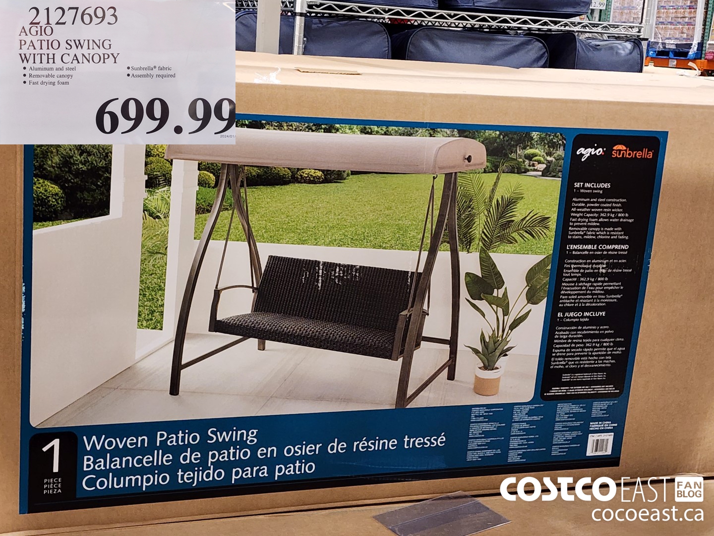 2127693 AGIO PATIO SWING WITH CANOPY $699.99