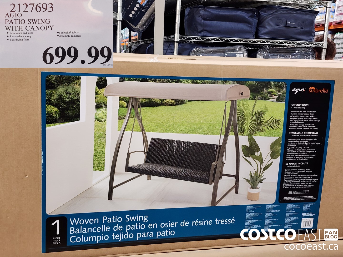 2127693 AGIO PATIO SWING WITH CANOPY $699.99
