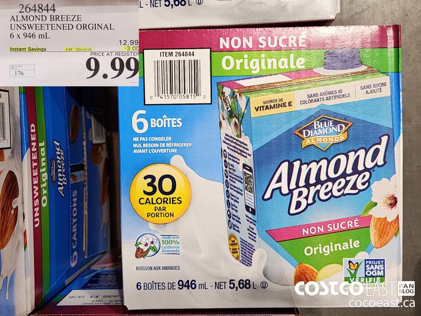 264844 ALMOND BREEZE UNSWEETENED ORIGINAL 6 X 946 ML ($3.00 INSTANT SAVINGS EXPIRES ON 2024-02-04) $9.99