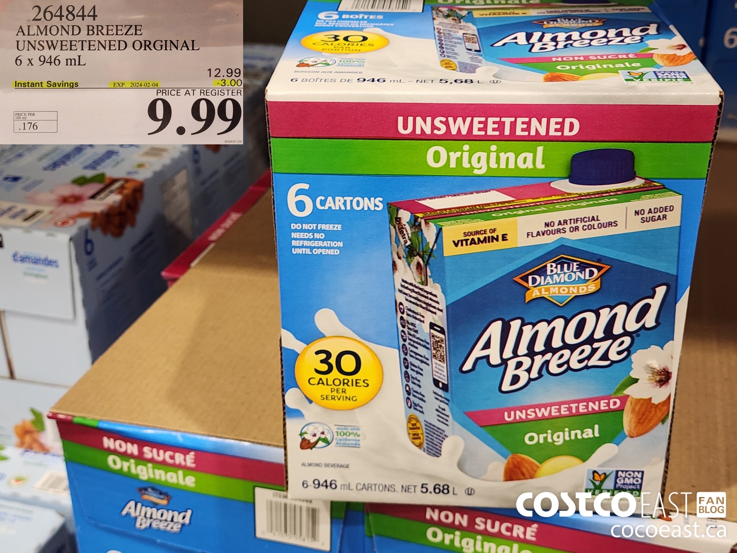 264844 ALMOND BREEZE UNSWEETENED ORIGINAL 6 X 946 ML ($3.00 INSTANT SAVINGS EXPIRES ON 2024-02-04) $9.99