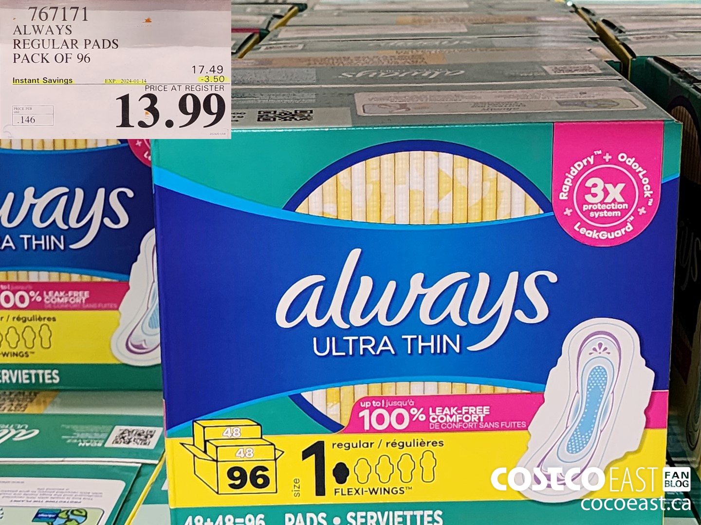 767171 ALWAYS REGULAR PADS PACK OF 96 ($3.50 INSTANT SAVINGS EXPIRES ON 2024-01-14) $13.99