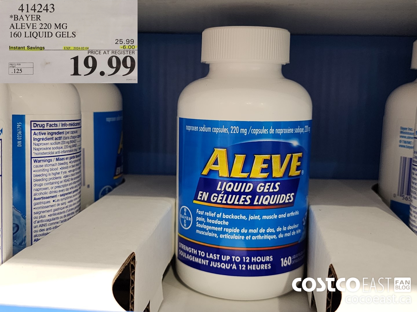 414243 BAYER ALEVE 220 MG 160 LIQUID GELS ($6.00 INSTANT SAVINGS EXPIRES ON 2024-02-04) $19.99