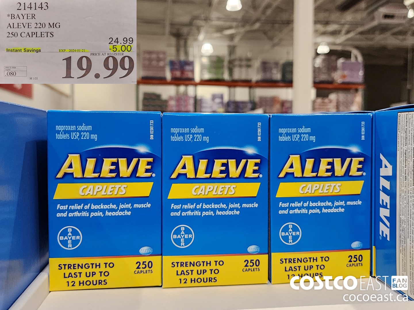 214143 BAYER ALEVE 220 MG 250 CAPLETS ($5.00 INSTANT SAVINGS EXPIRES ON 2024-01-21) $19.99