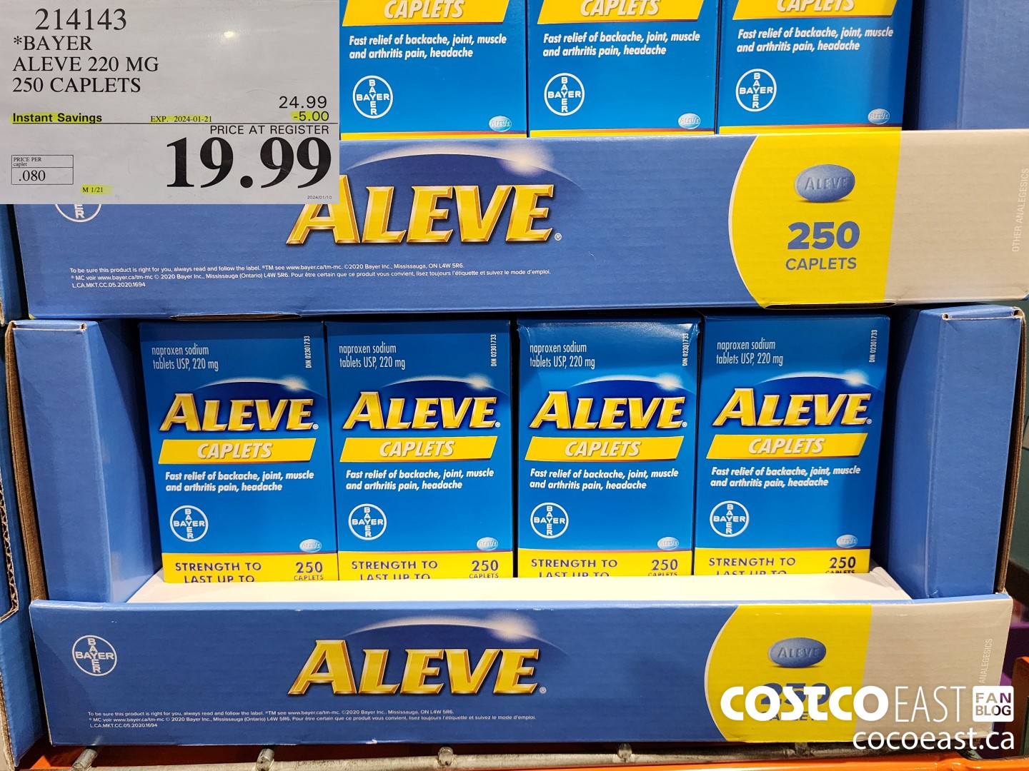 214143 BAYER ALEVE 220 MG 250 CAPLETS ($5.00 INSTANT SAVINGS EXPIRES ON 2024-01-21) $19.99
