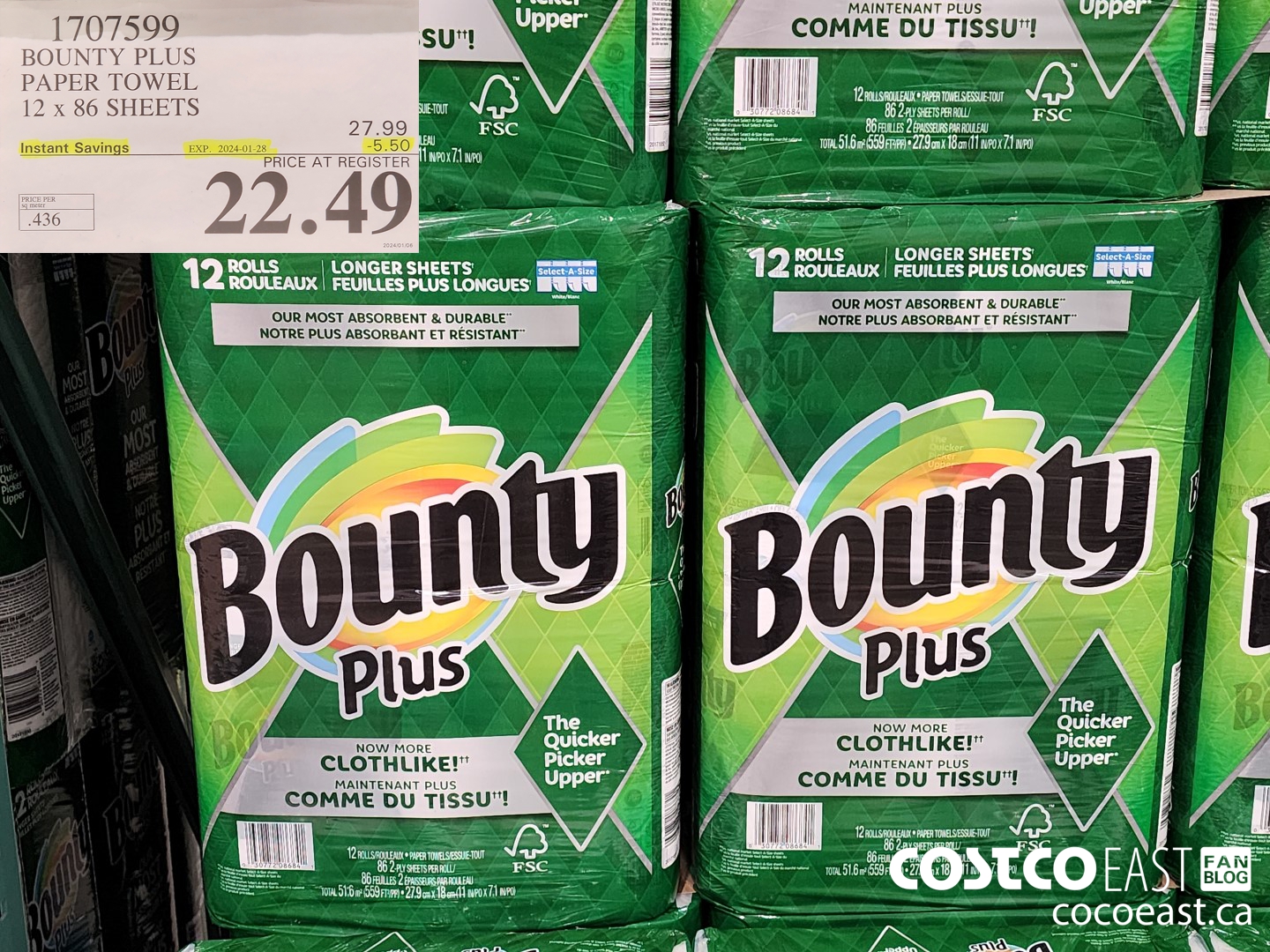 1707599 BOUNTY PLUS PAPER TOWEL 12 x 86 sheets ($5.50 INSTANT SAVINGS EXPIRES ON 2024-01-28) $22.49