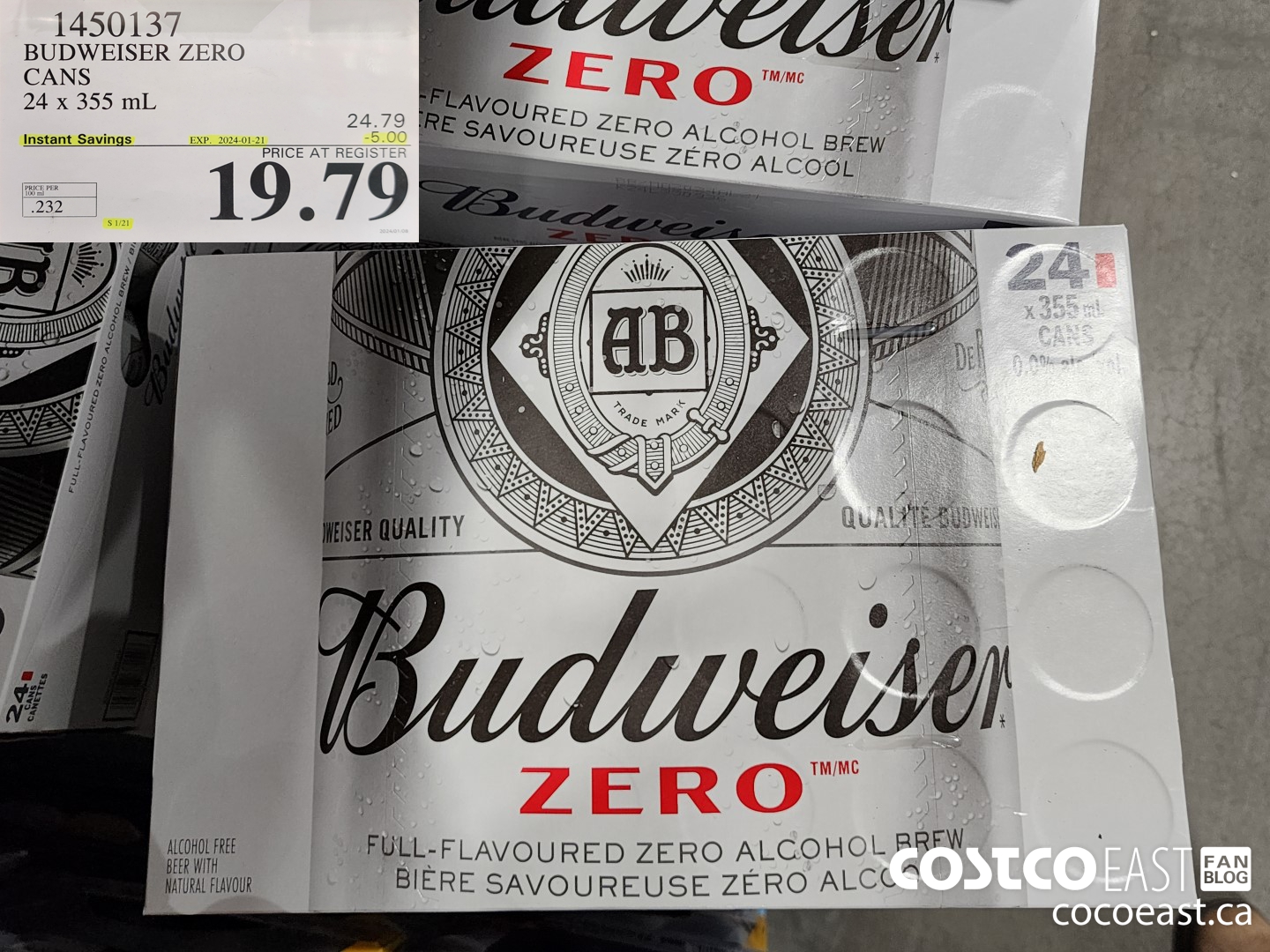 1450137 BUDWEISER ZERO CANS 24 X 355 ML ($5.00 INSTANT SAVINGS EXPIRES ON 2024-01-21) $19.79