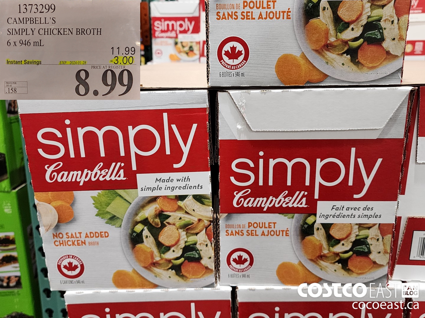 1373299 CAMPBELL'S SIMPLY CHICKEN BROTH 6 x 946 mL ($3.00 INSTANT SAVINGS EXPIRES ON 2024-01-28) $8.99