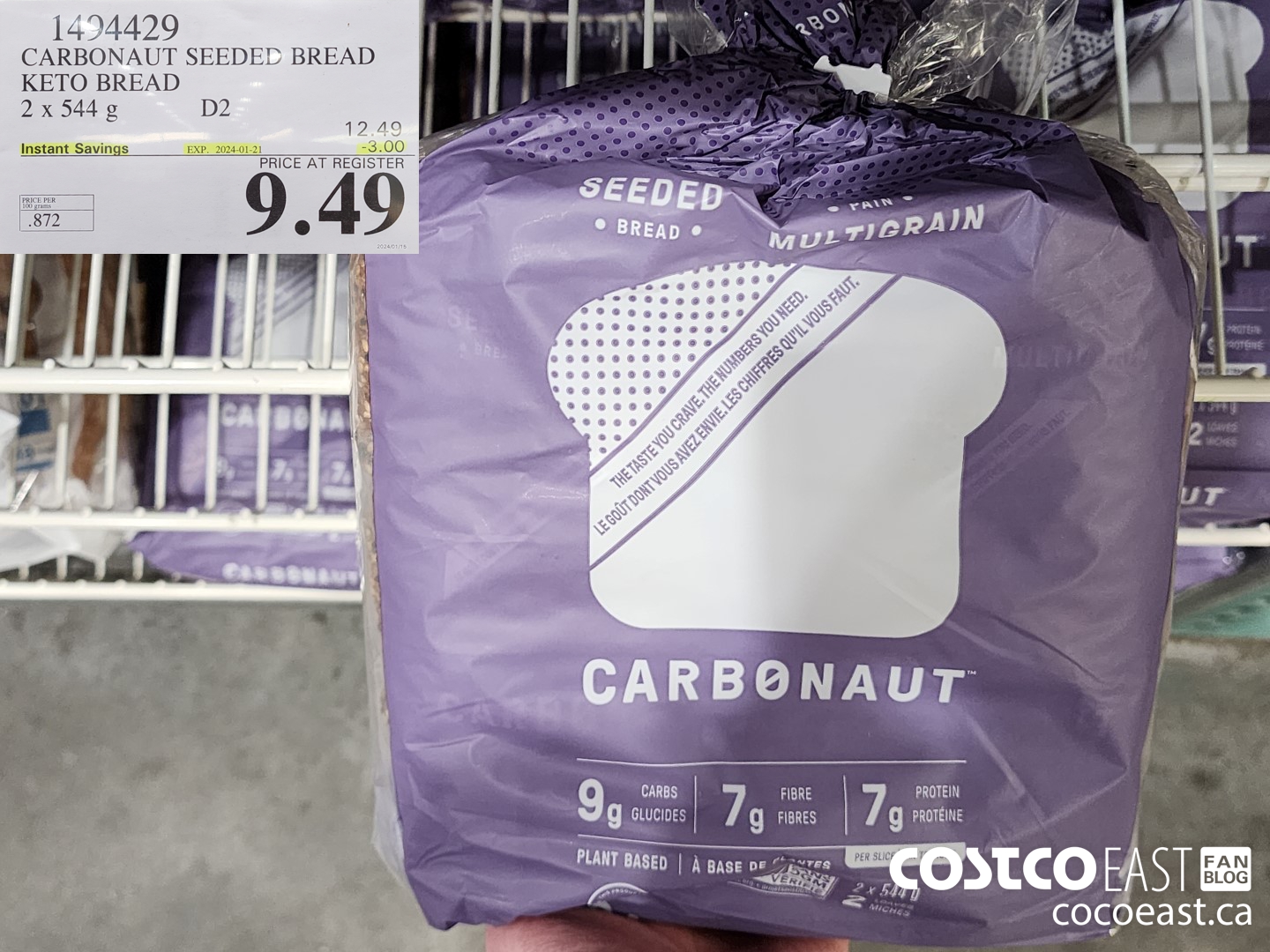 1494429 CARBONAUT SEEDED BREAD KETO BREAD 2 x 544G ($3.00 INSTANT SAVINGS EXPIRES ON 2024-01-21) $9.49