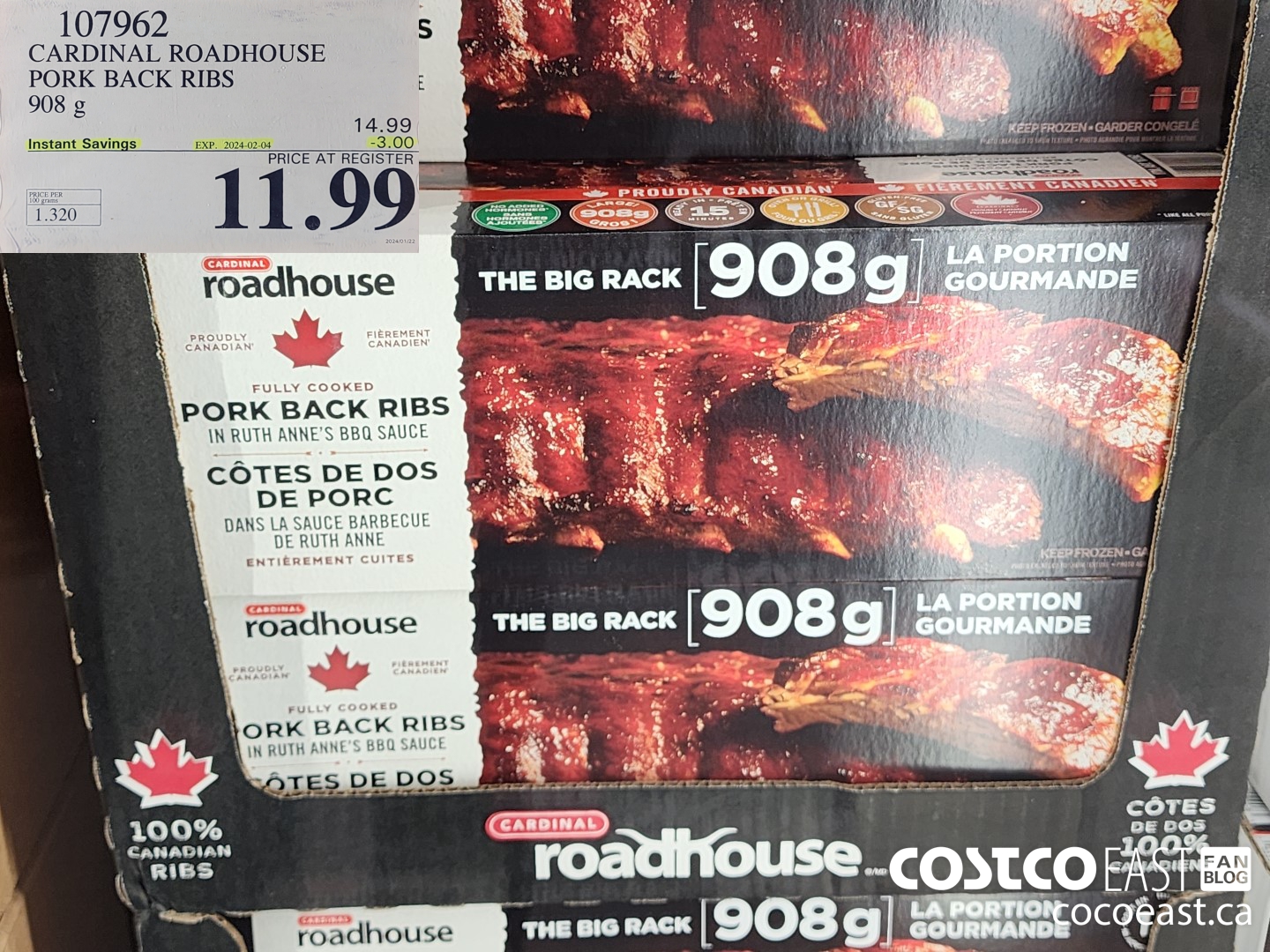 107962 CARDINAL ROADHOUSE PORK BACK RIBS 908 g ($3.00 INSTANT SAVINGS EXPIRES ON 2024-02-04) $11.99