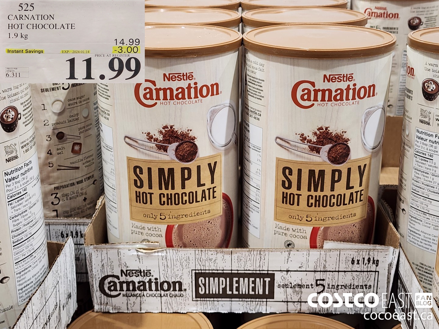 525 CARNATION HOT CHOCOLATE 1.9 KG ($3.00 INSTANT SAVINGS EXPIRES ON 2024-01-14) $11.99