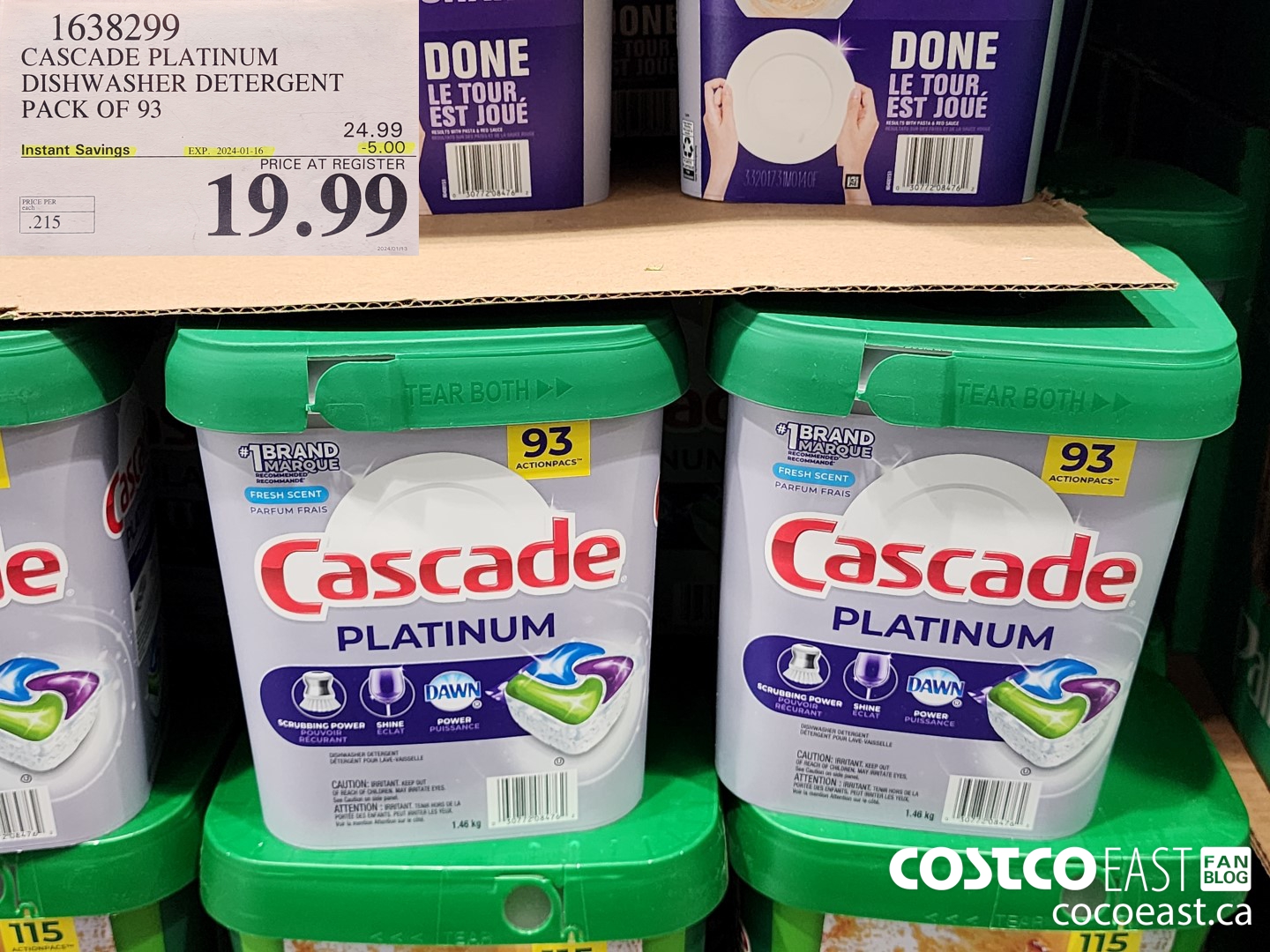 1638299 CASCADE PLATINUM DISHWASHER DETERGENT PACK OF 93 ($5.00 INSTANT SAVINGS EXPIRES ON 2024-01-16) $19.99
