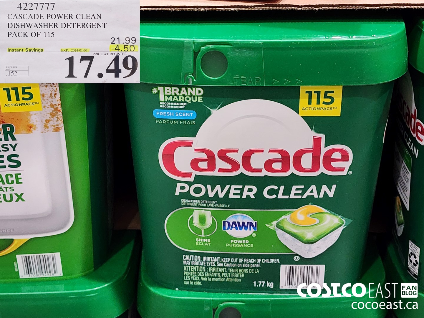 4227777 CASCADE POWER CLEAN DISHWASHER DETERGENT PACK OF 115 ($4.50 INSTANT SAVINGS EXPIRES ON 2024-01-07) $17.49