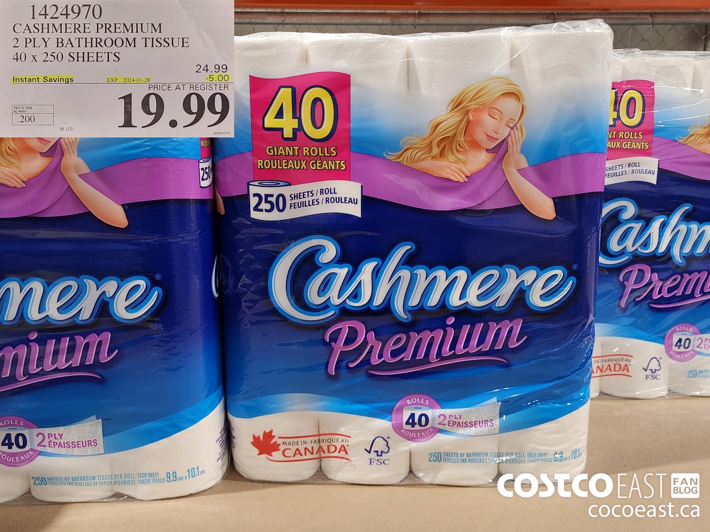 1424970 CASHMERE PREMIUM 2 PLY BATHROOM TISSUE 40 x 250 sheets 500 ($5.00 INSTANT SAVINGS EXPIRES ON 2024-01-28) $19.99