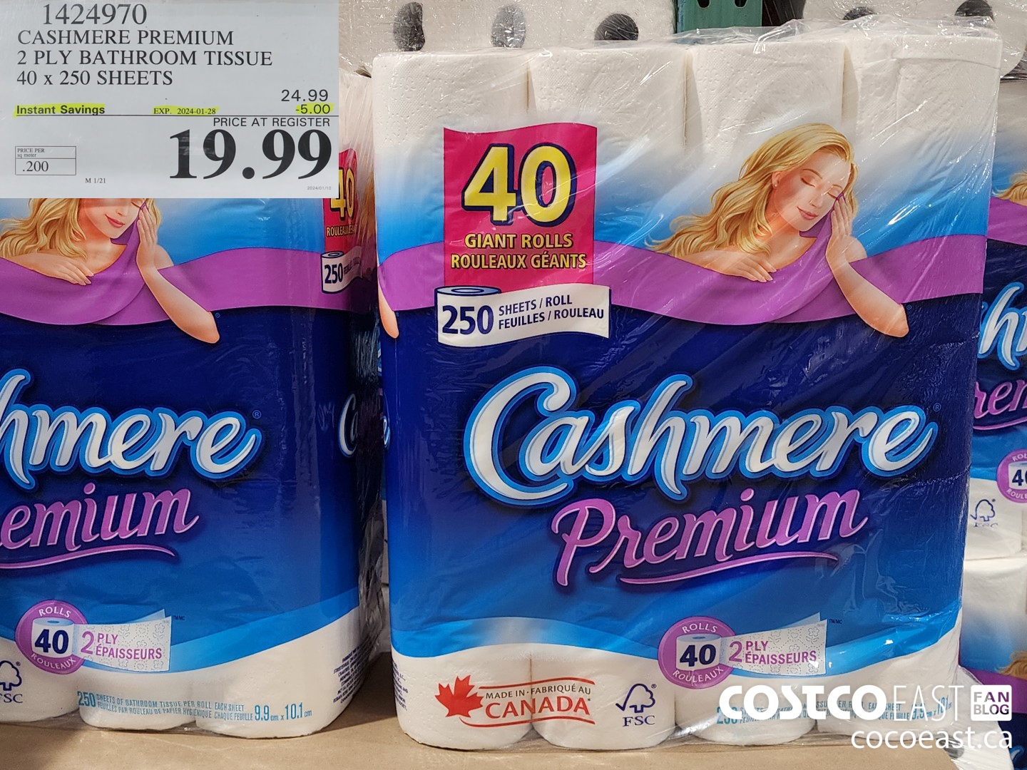 1424970 CASHMERE PREMIUM 2 PLY BATHROOM TISSUE 40 x 250 sheets 500 ($5.00 INSTANT SAVINGS EXPIRES ON 2024-01-28) $19.99
