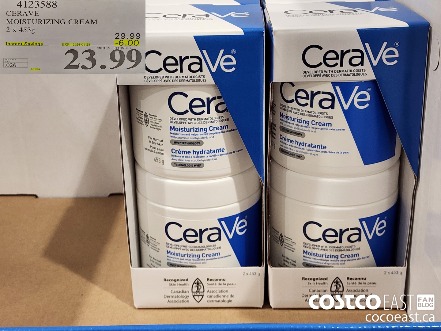 4123588 CERAVE MOISTURIZING CREAM 2 x 453g ($6.00 INSTANT SAVINGS EXPIRES ON 2024-01-28) $23.99