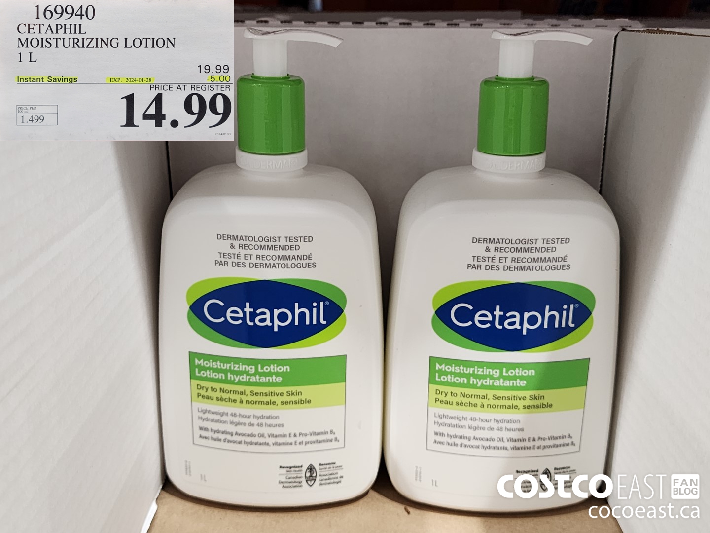 169940 CETAPHIL MOISTURIZING LOTION 1 L ($5.00 INSTANT SAVINGS EXPIRES ON 2024-01-28) $14.99