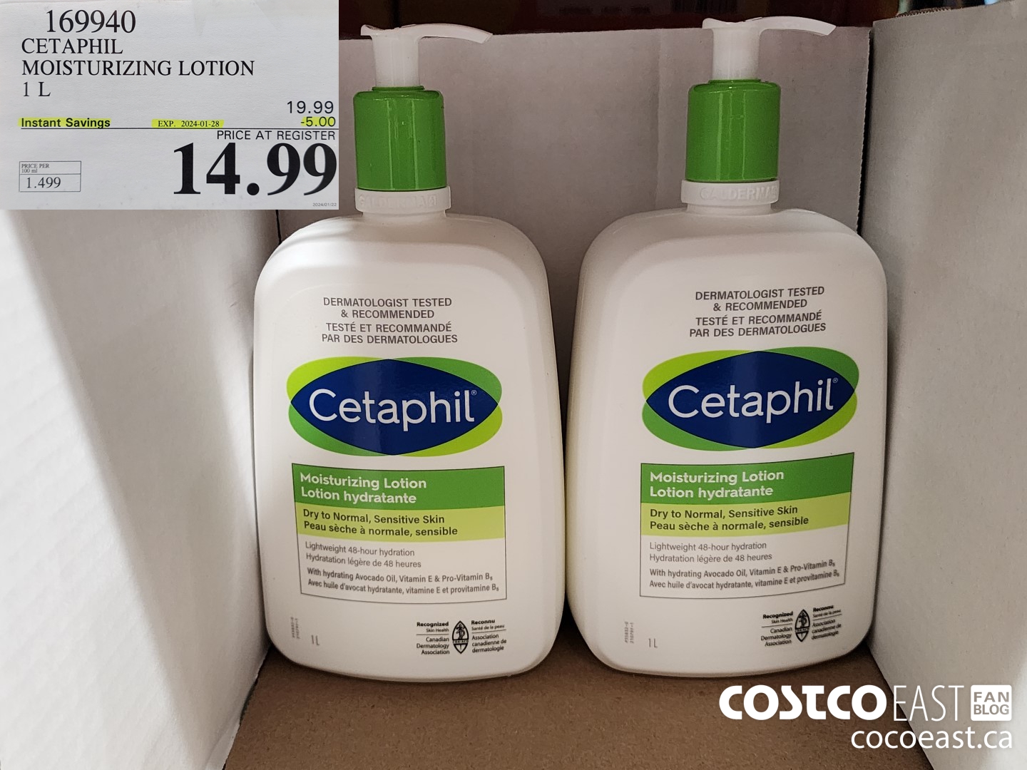 169940 CETAPHIL MOISTURIZING LOTION 1 L ($5.00 INSTANT SAVINGS EXPIRES ON 2024-01-28) $14.99
