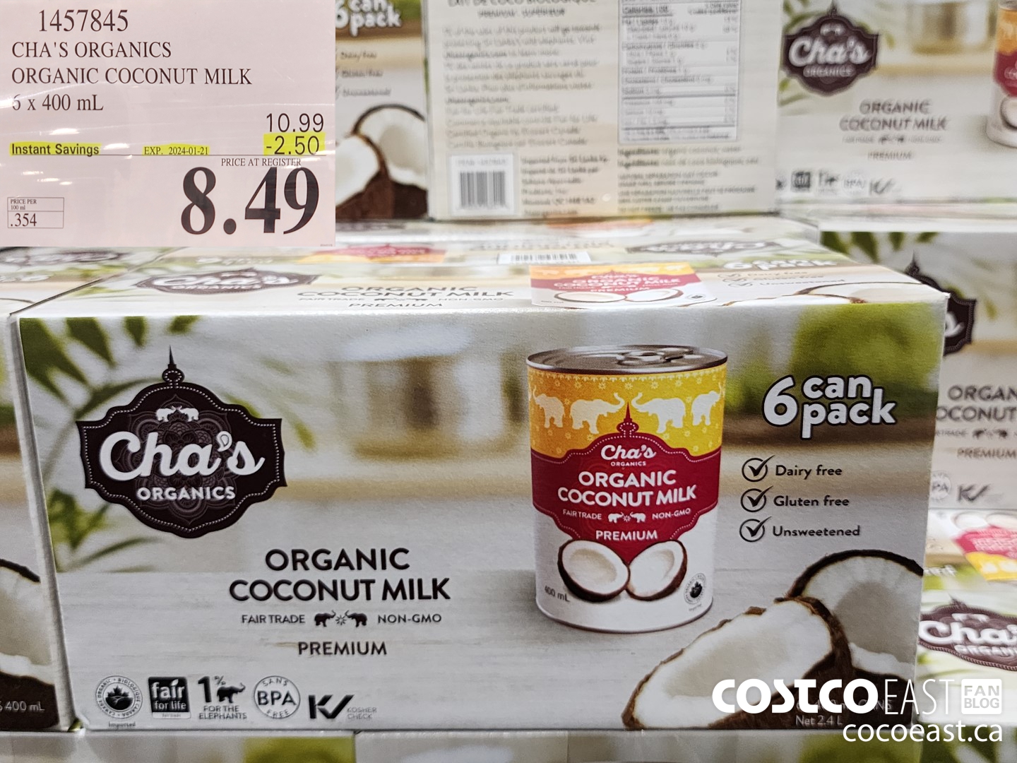 1457845 CHA'S ORGANICS ORGANIC COCONUT MILK 6 x 400 ml ($2.50 INSTANT SAVINGS EXPIRES ON 2024-01-21) $8.49