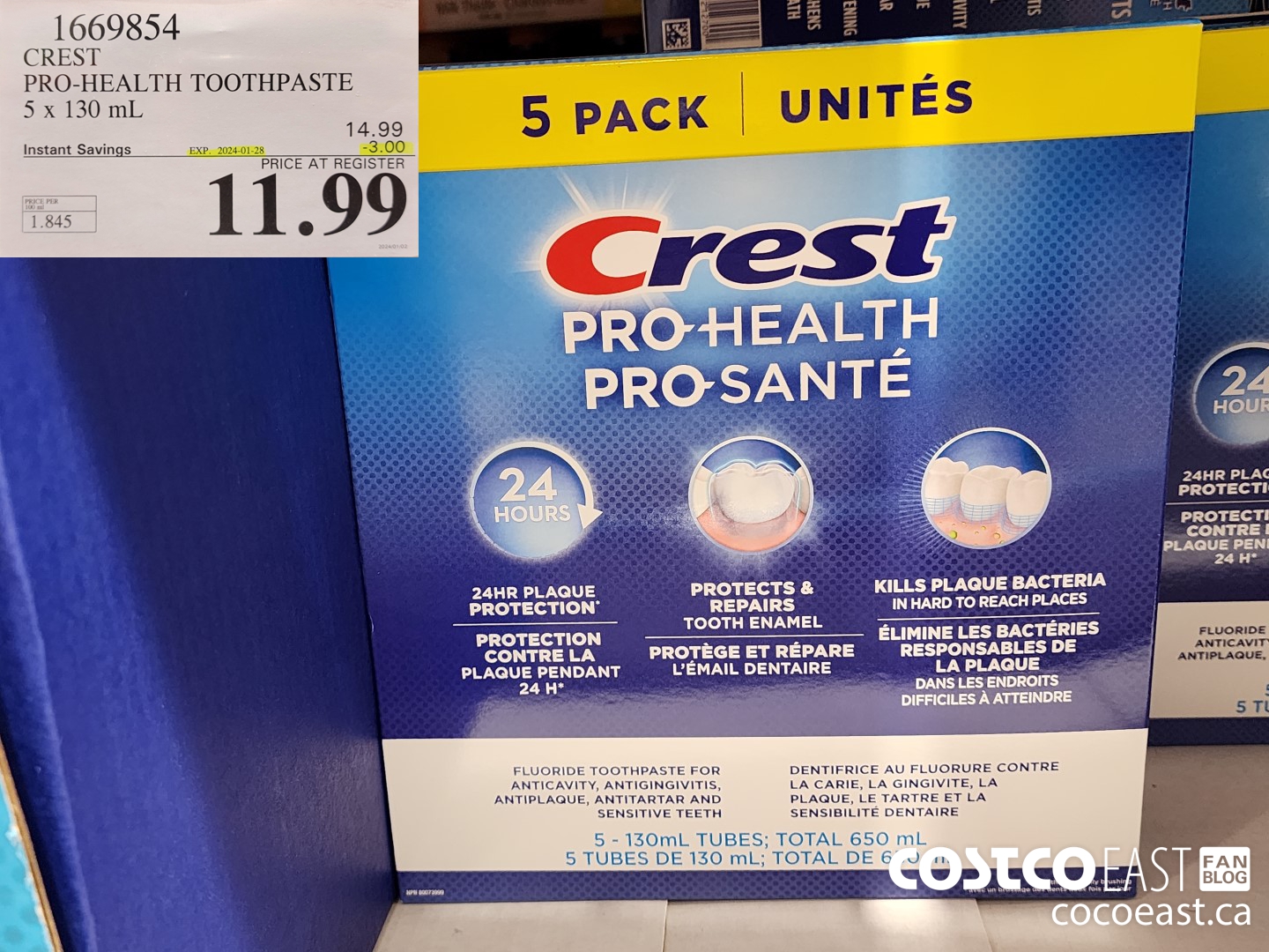 1669854 CREST PRO-HEALTH TOOTHPASTE 5 x 130 mL ($3.00 INSTANT SAVINGS EXPIRES ON 2024-01-28) $11.99