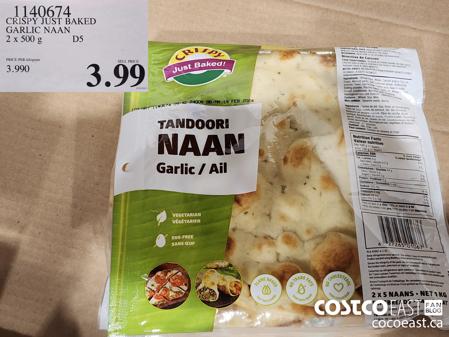 1140674 CRISPY JUST BAKED GARLIC NAAN 2 X 500G $3.99