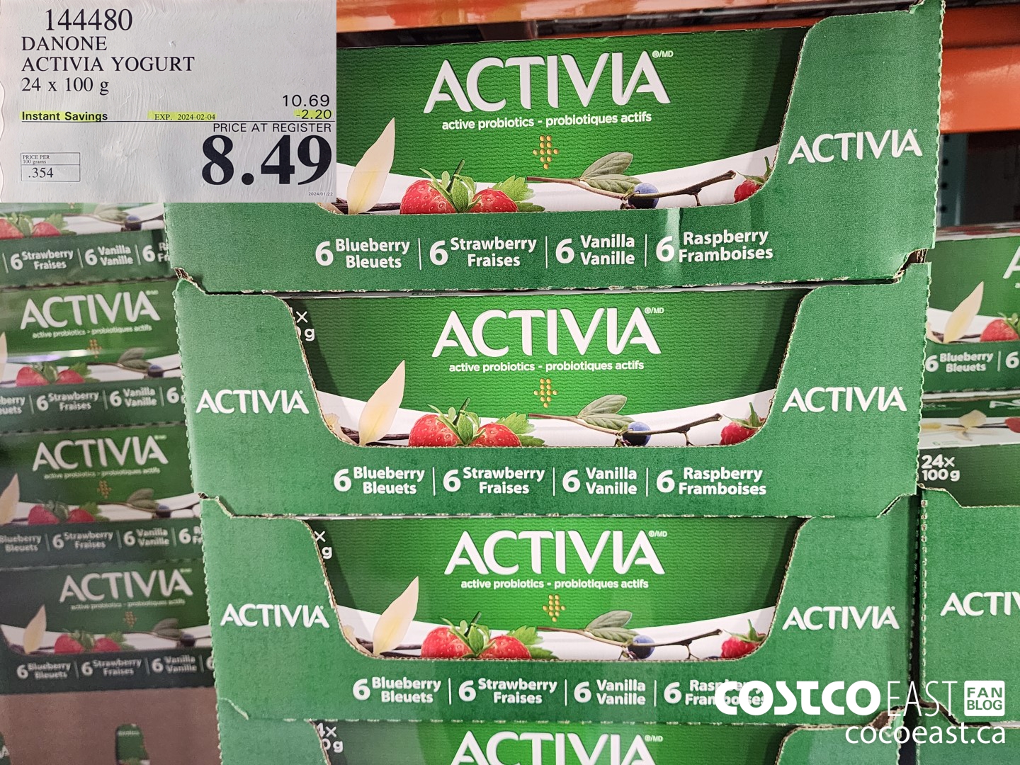 144480 DANONE ACTIVIA YOGURT 24 X 100 G ($2.20 INSTANT SAVINGS EXPIRES ON 2024-02-04) $8.49