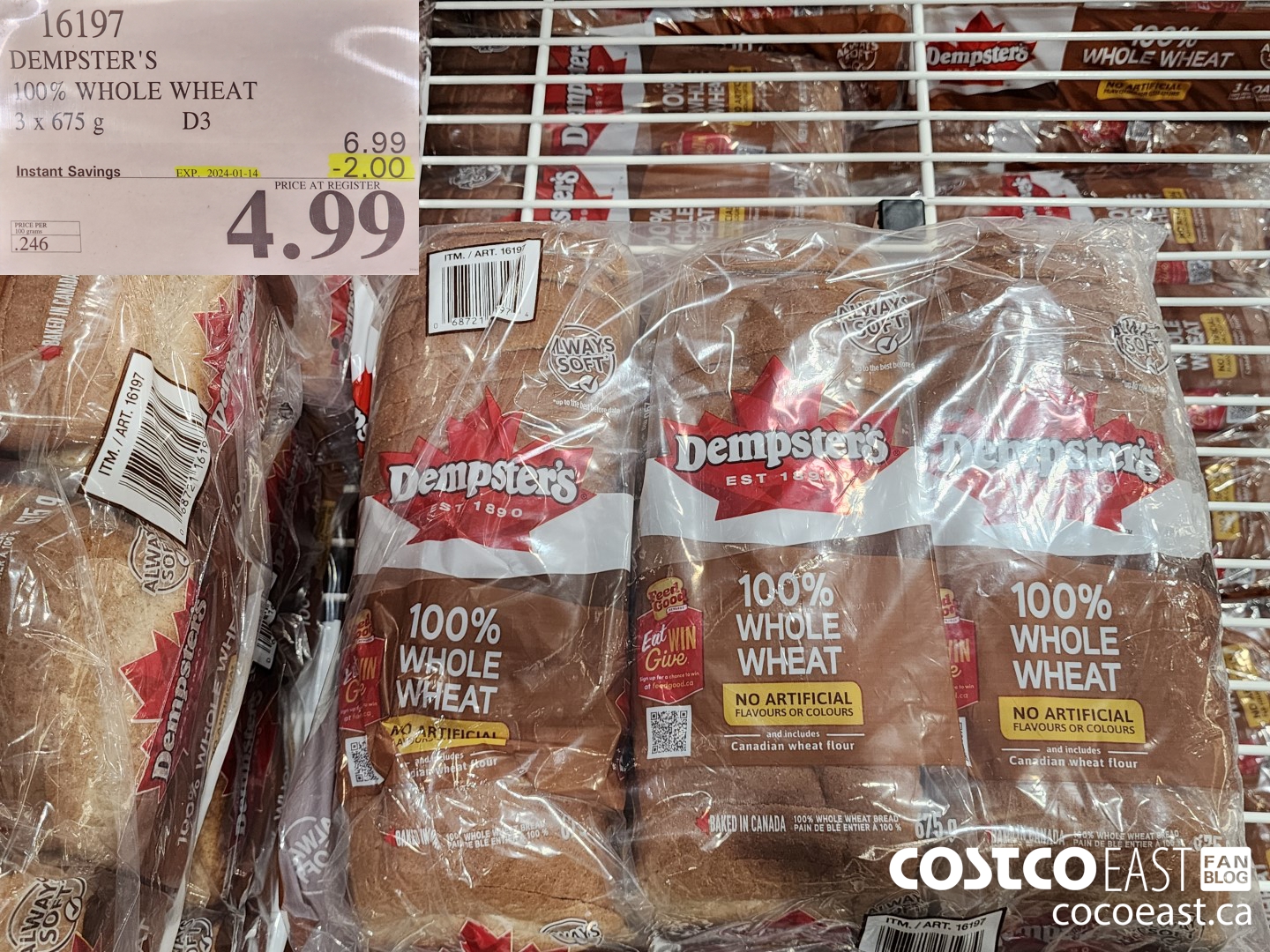16197 DEMPSTER'S 100% WHOLE WHEAT 3 X 675 G ($2.00 INSTANT SAVINGS EXPIRES ON 2024-01-14) $4.99