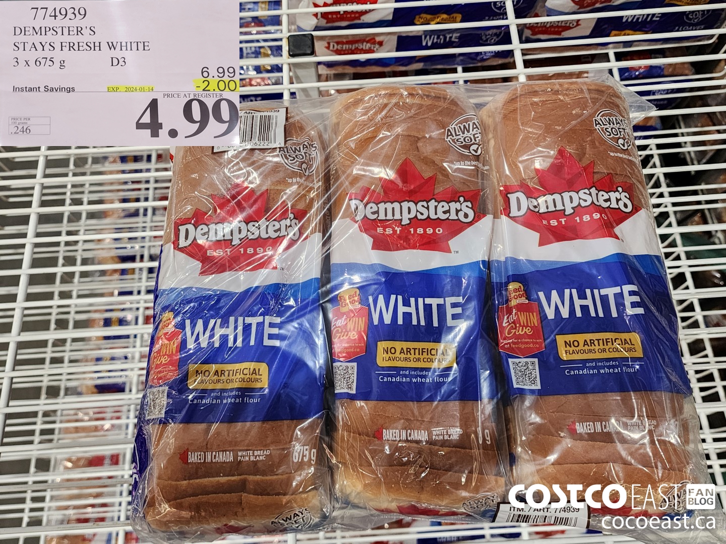 774939 DEMPSTER'S STAYS FRESH WHITE 3 x 675 g ($2.00 INSTANT SAVINGS EXPIRES ON 2024-01-14) $4.99