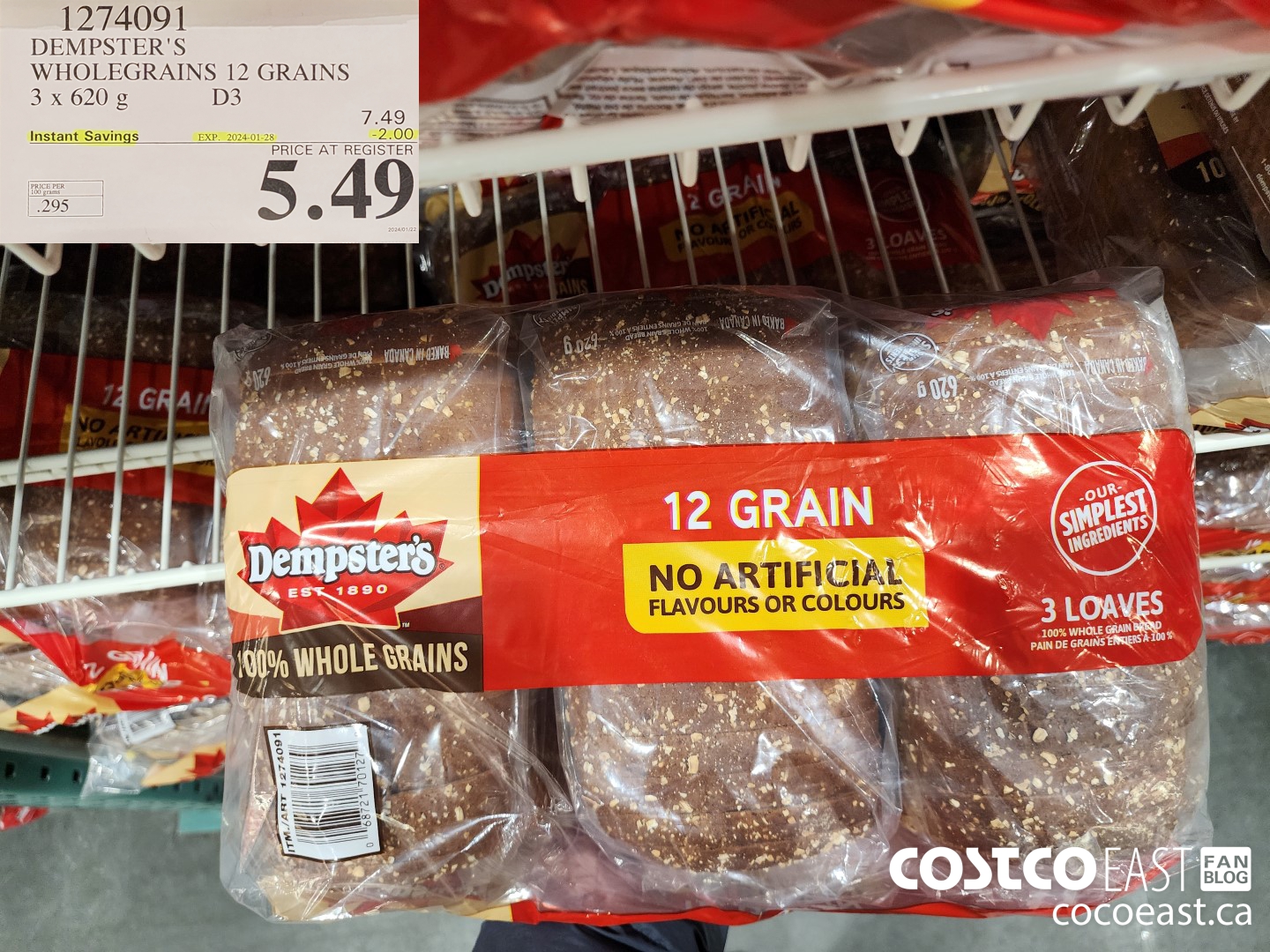 1274091 DEMPSTER'S WHOLEGRAINS 12 GRAINS 3 X 620 G ($2.00 INSTANT SAVINGS EXPIRES ON 2024-01-28) $5.49