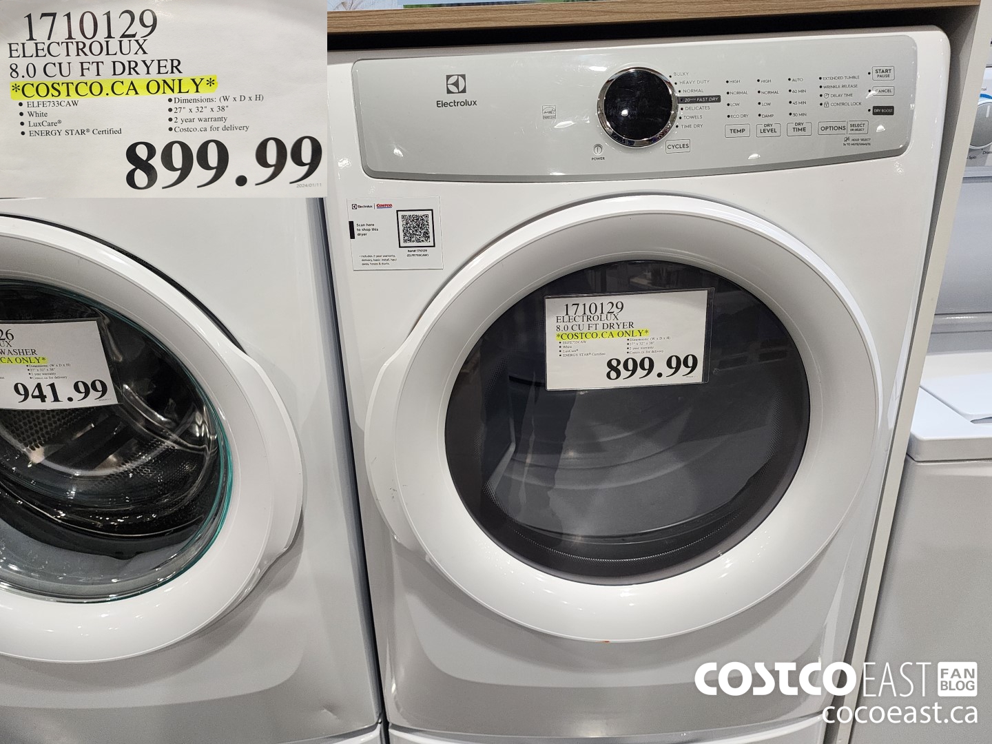 1710129 ELECTROLUX 8.0 CUFT DRYER “COSTCO.CA ONLY* $889.99