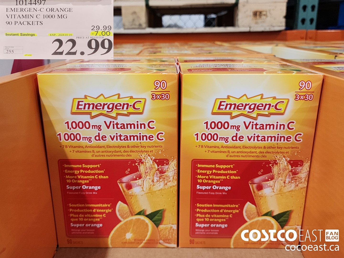 1014497 EMERGEN-C ORANGE VITAMIN C 1000 MG 90 PACKETS ($7.00 INSTANT SAVINGS EXPIRES ON 2024-01-21) $22.99