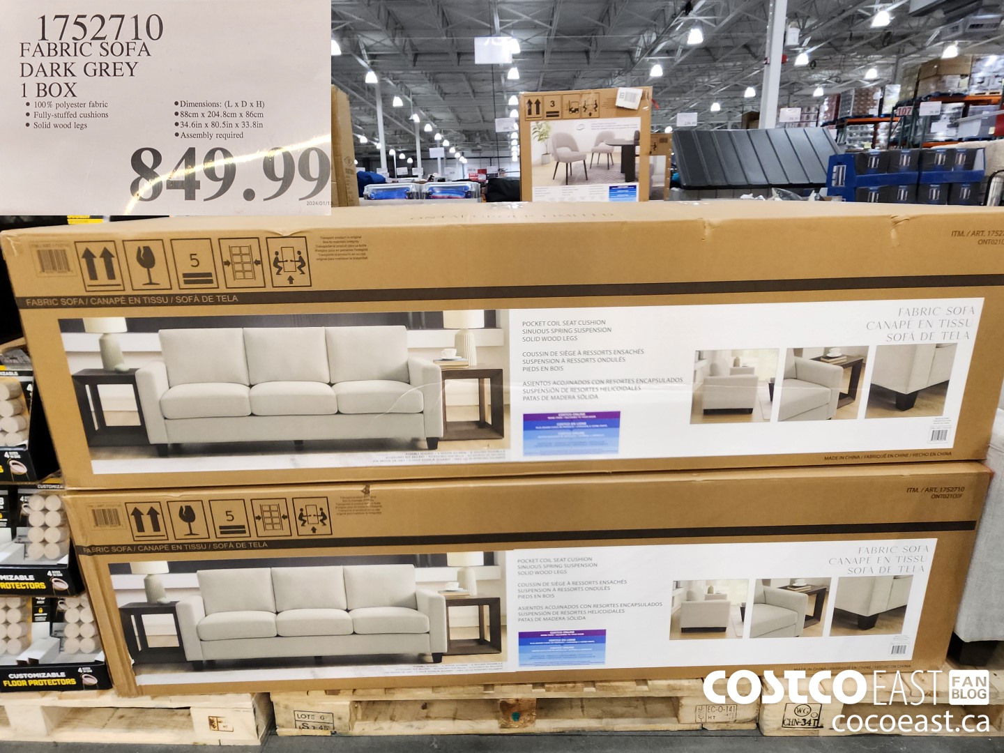 1752710 FABRIC SOFA DARK GREY 1 BOX $849.99