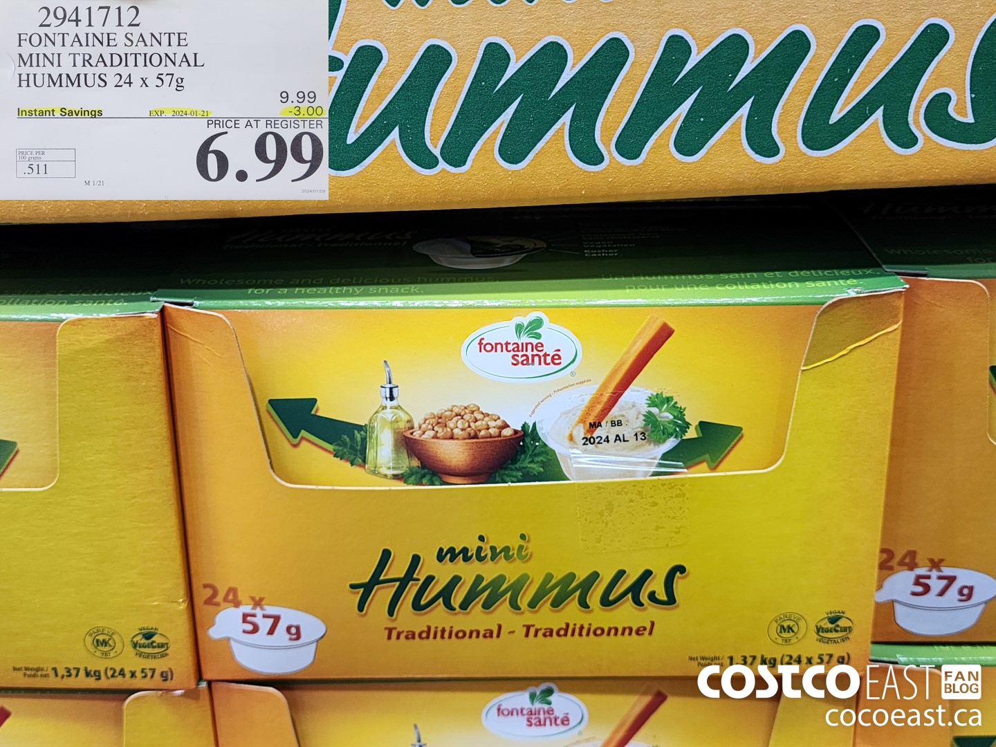 2941712 FONTAINE SANTE MINI TRADITIONAL HUMMUS 24 x 57g ($3.00 INSTANT SAVINGS EXPIRES ON 2024-01-21) $6.99