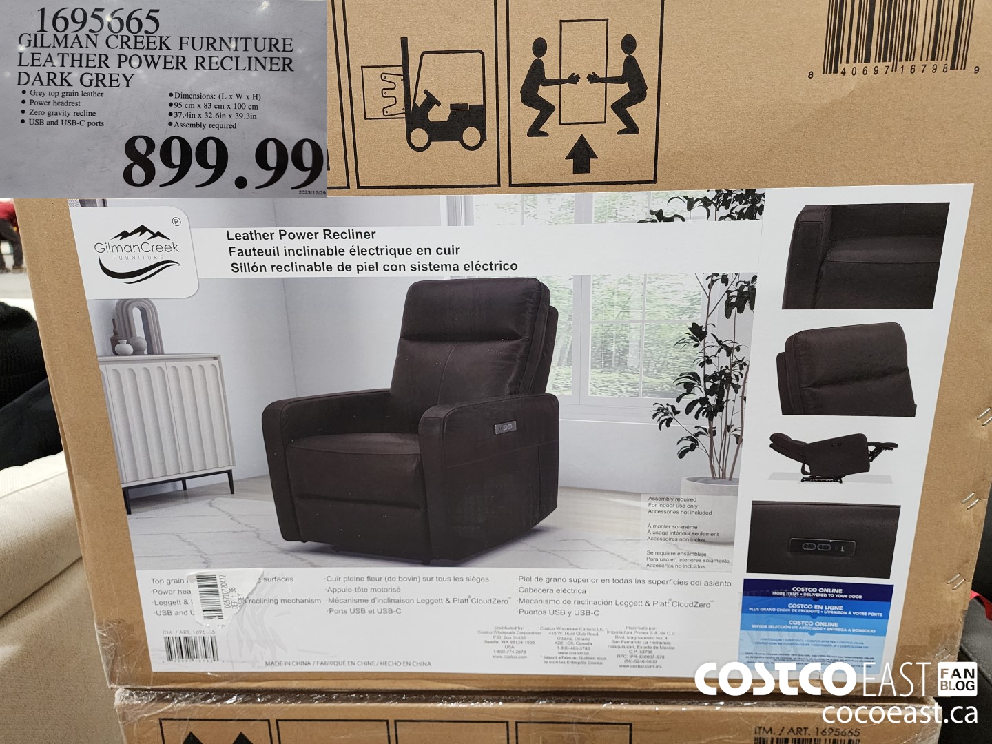 1695665 GILMAN CREEK FURNITURE LEATHER POWER RECLINER DARK GREY $899.99