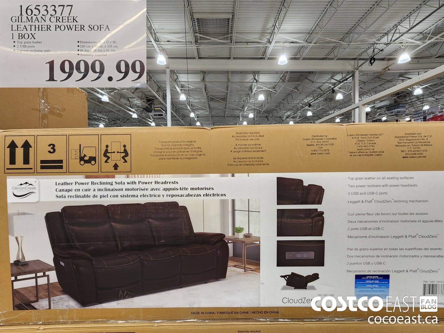 1653377 GILMAN CREEK LEATHER POWER SOFA 1 BOX $1999.99