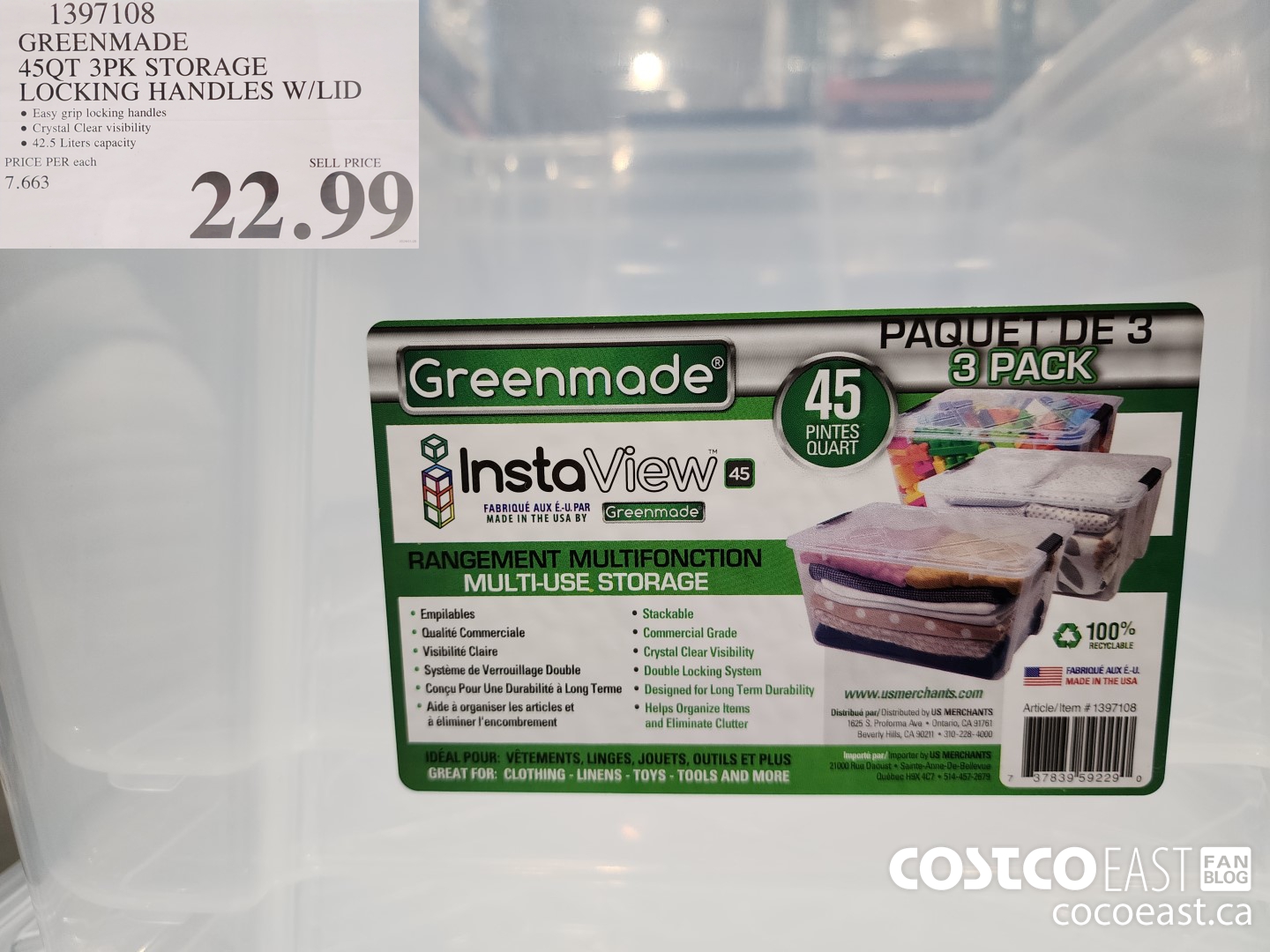 1397108 GREENMADE 45QT 3PK STORAGE LOCKING HANDLES W/LID $23.99