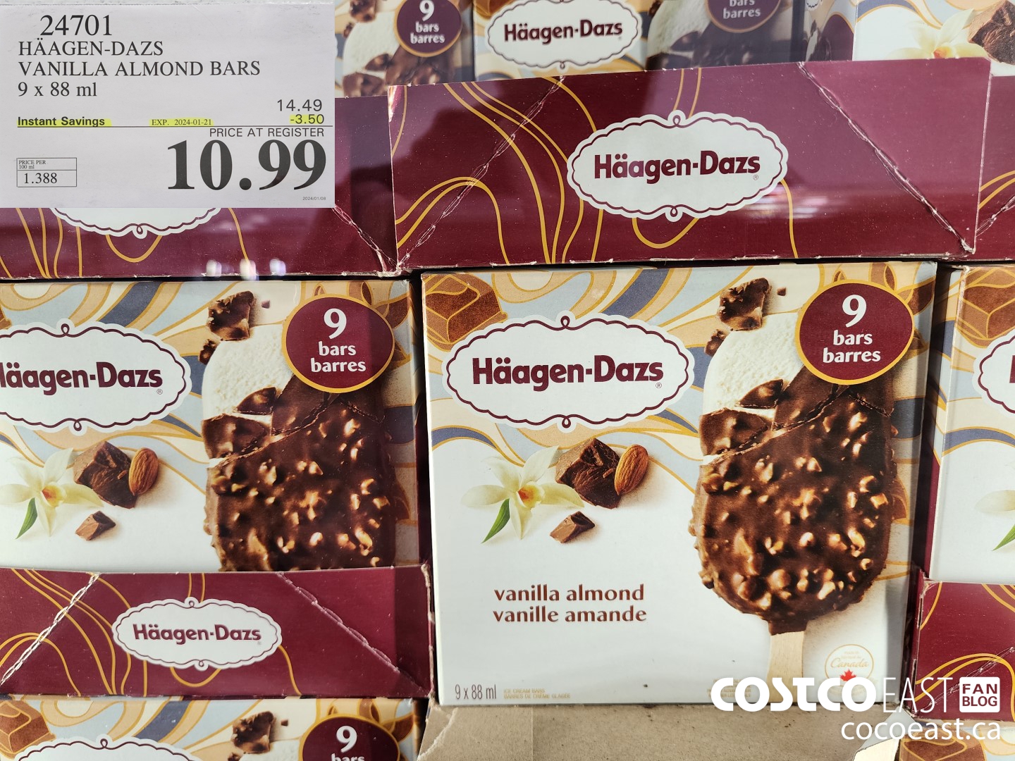 24701 HAAGAN-DAZS VANILLA ALMOND BARS 9 X 88 ML ($3.50 INSTANT SAVINGS EXPIRES ON 2024-01-21) $10.99