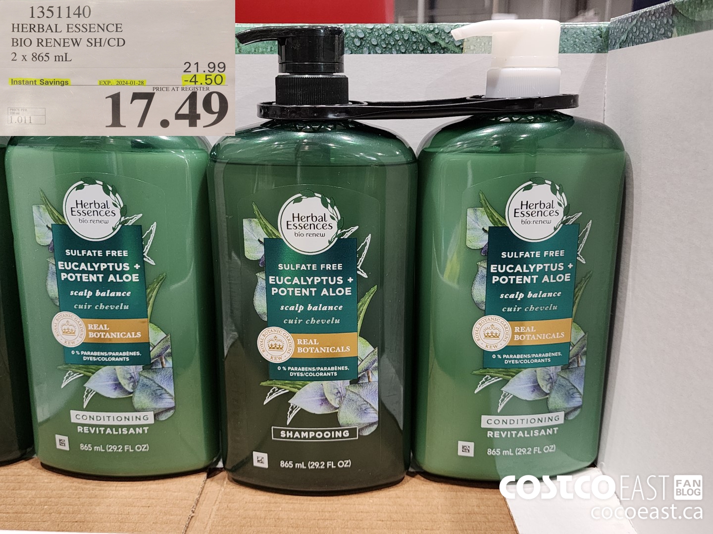 1351140 HERBAL ESSENCE BIO RENEW SH/CD 2 x 865 mL ($4.50 INSTANT SAVINGS EXPIRES ON 2024-01-28) $17.49