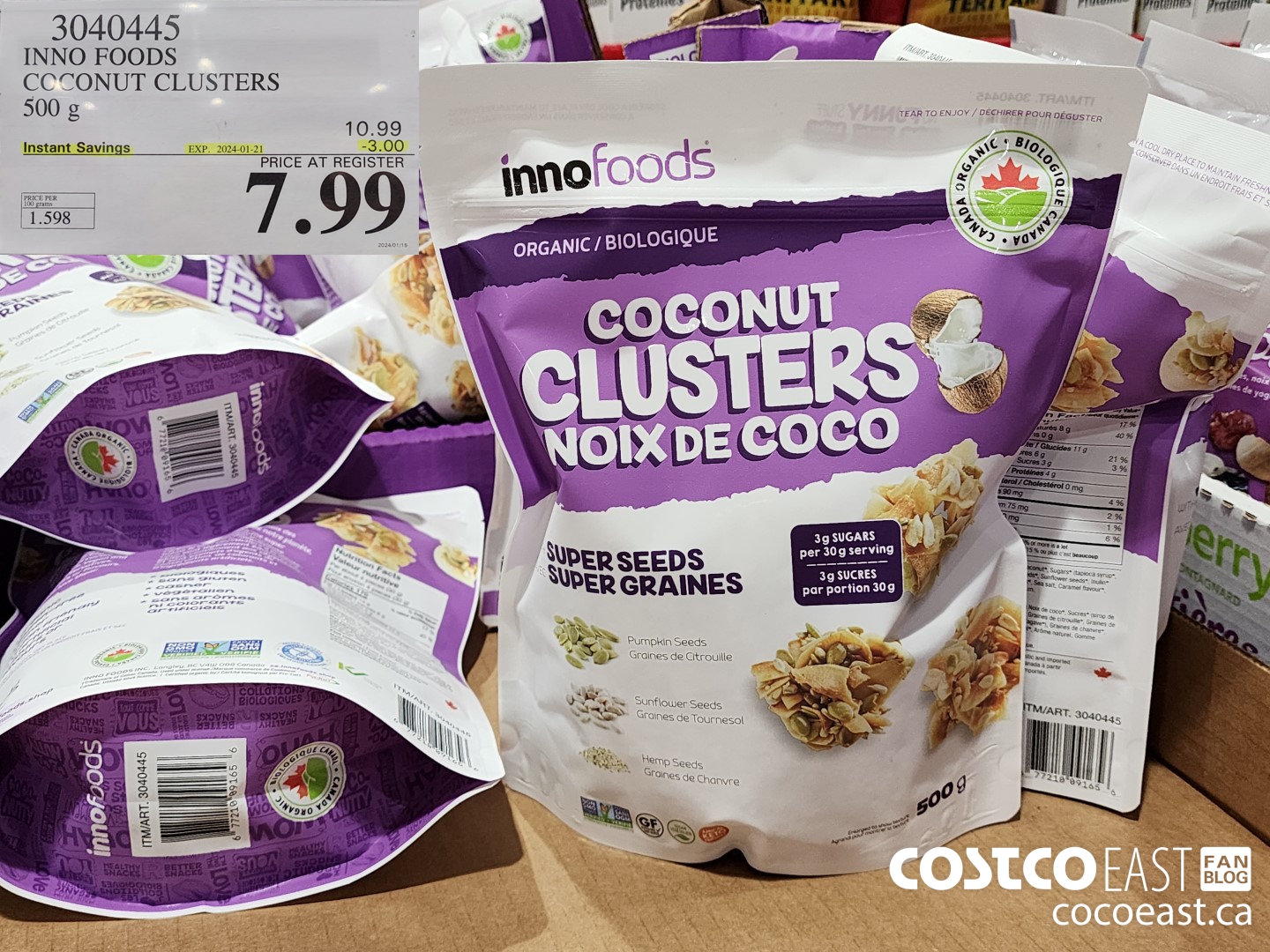 3040445 INNO FOODS COCONUT CLUSTERS 500 G ($3.00 INSTANT SAVINGS EXPIRES ON 2024-01-21) $7.99
