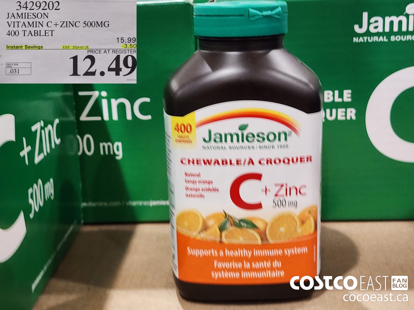 3429202 JAMIESON VITAMIN C+ZINC 500MG 400 TABLET ($3.50 INSTANT SAVINGS EXPIRES ON 2024-01-28) $12.49