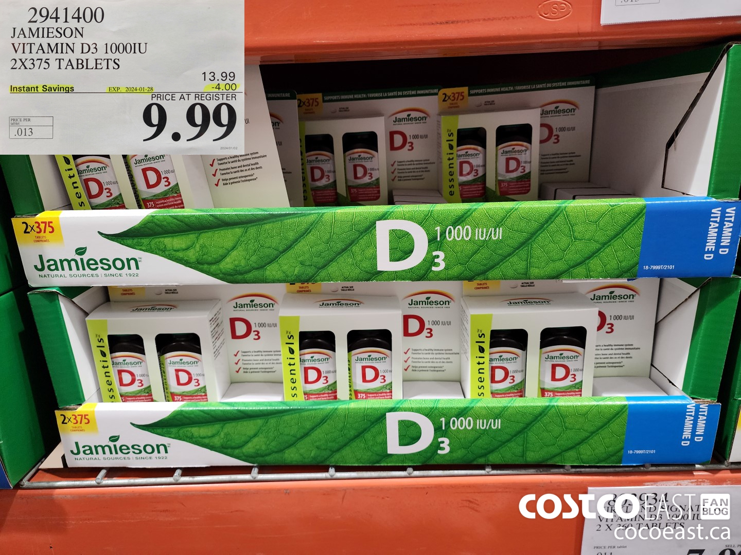 2941400 JAMIESON VITAMIN D3 1000IU 2X375 TABLETS ($4.00 INSTANT SAVINGS EXPIRES ON 2024-01-28) $9.99