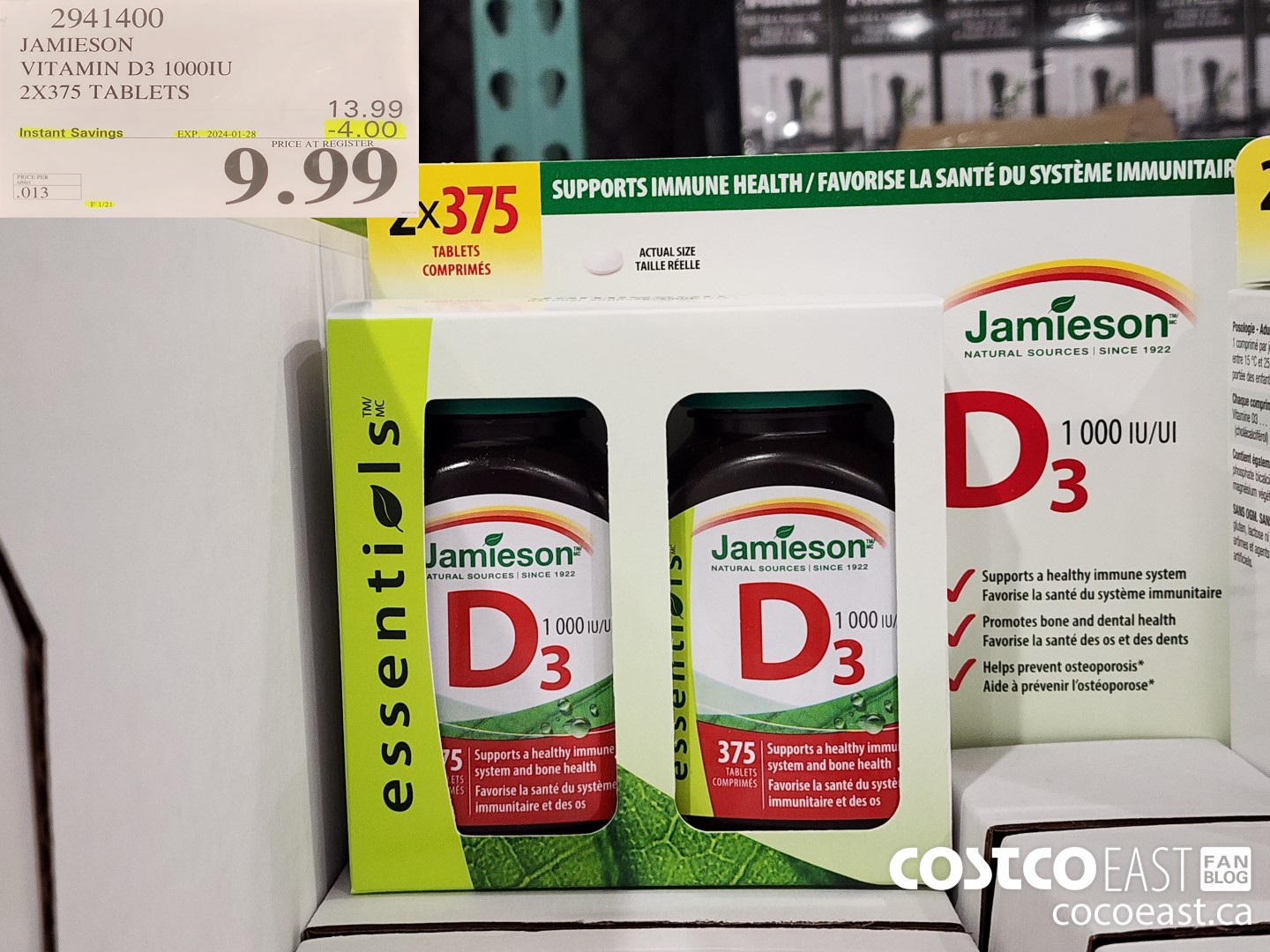 2941400 JAMIESON VITAMIN D3 1000IU 2X375 TABLETS ($4.00 INSTANT SAVINGS EXPIRES ON 2024-01-28) $9.99