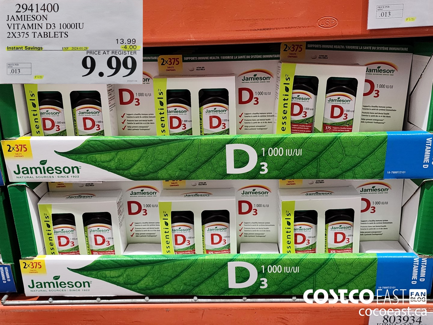 2941400 JAMIESON VITAMIN D3 1000IU 2X375 TABLETS ($4.00 INSTANT SAVINGS EXPIRES ON 2024-01-28) $9.99