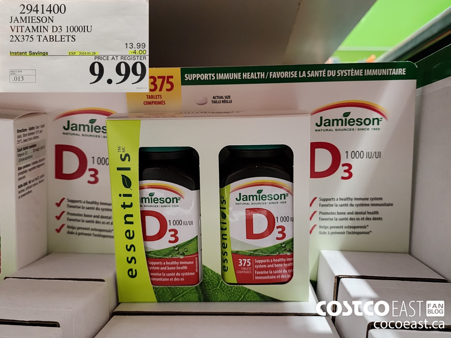 2941400 JAMIESON VITAMIN D3 1000IU 2X375 TABLETS ($4.00 INSTANT SAVINGS EXPIRES ON 2024-01-28) $9.99