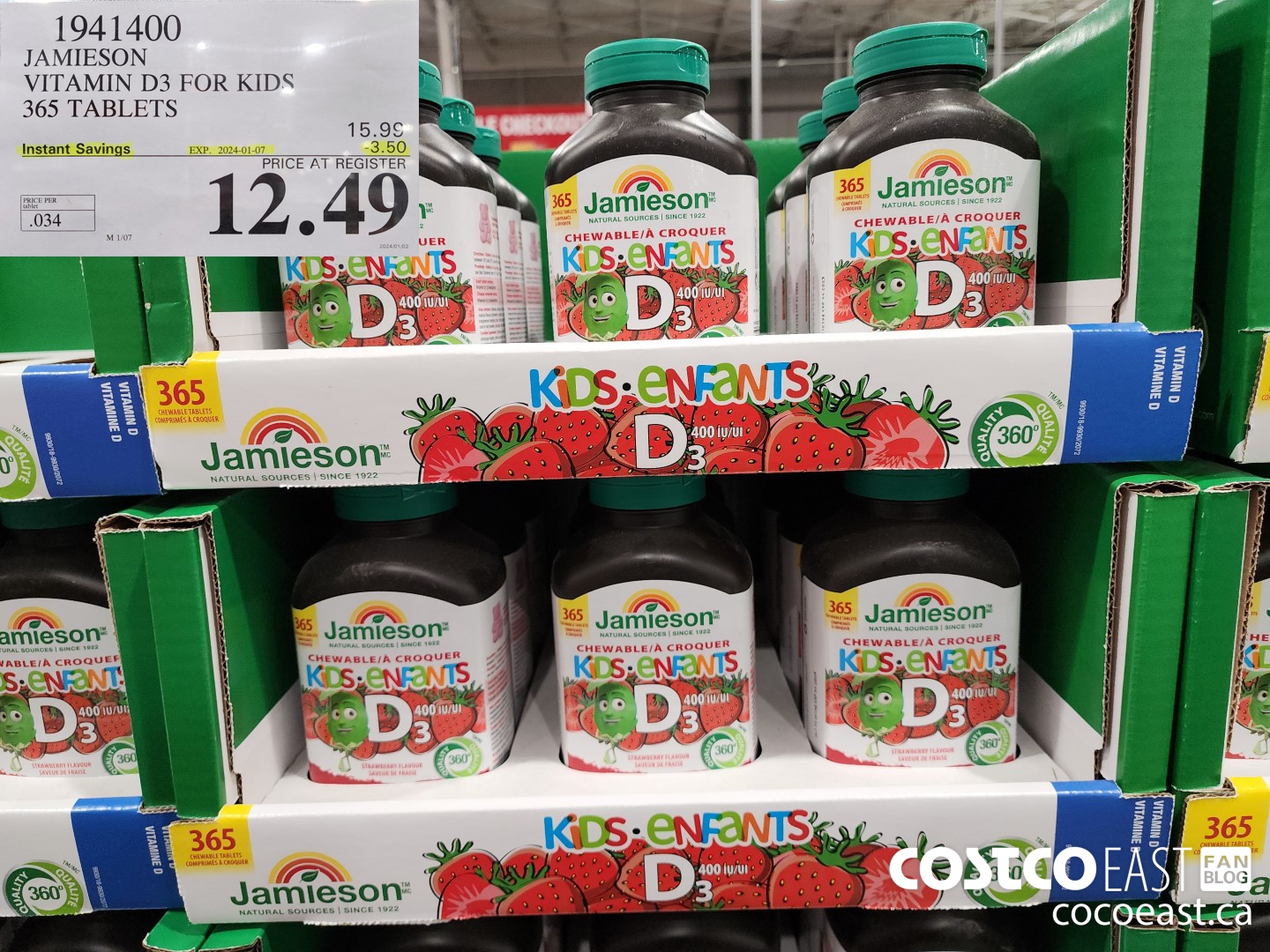 1941400 JAMIESON VITAMIN D3 FOR KIDS 365 TABLETS ($3.50 INSTANT SAVINGS EXPIRES ON 2024-01-07) $12.49