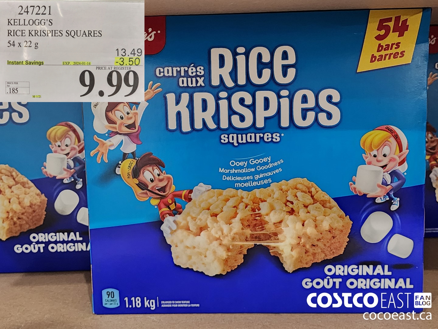 247221 KELLOGG'S RICE KRISPIES SQUARES 54 X 22 G ($3.50 INSTANT SAVINGS EXPIRES ON 2024-01-14) $9.99