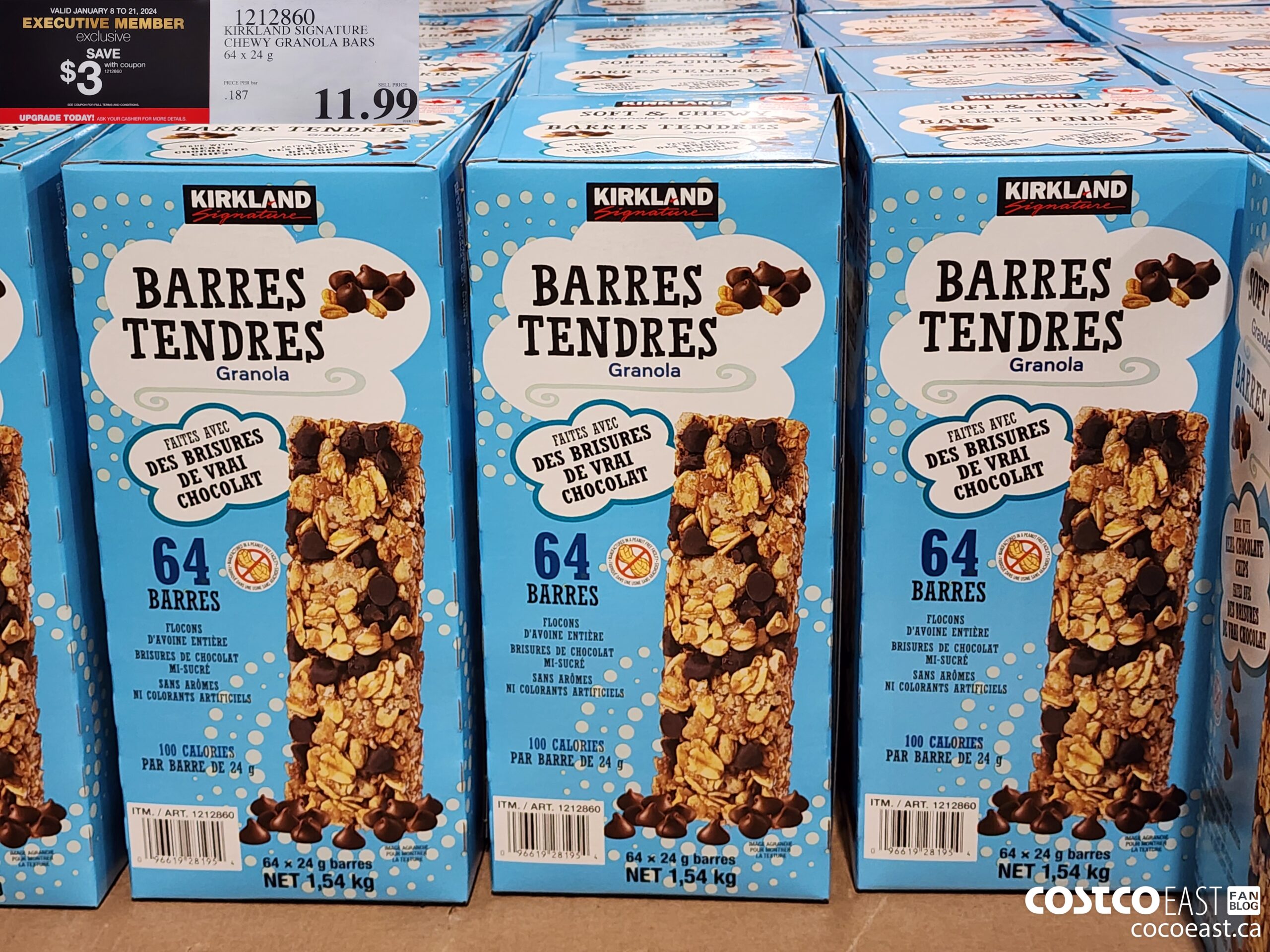 1212860 KIRKLAND SIGNATURE CHEWY GRANOLA BARS 64 X 24 G ($3.00 INSTANT SAVINGS EXPIRES ON 2024-01-21) $8.99