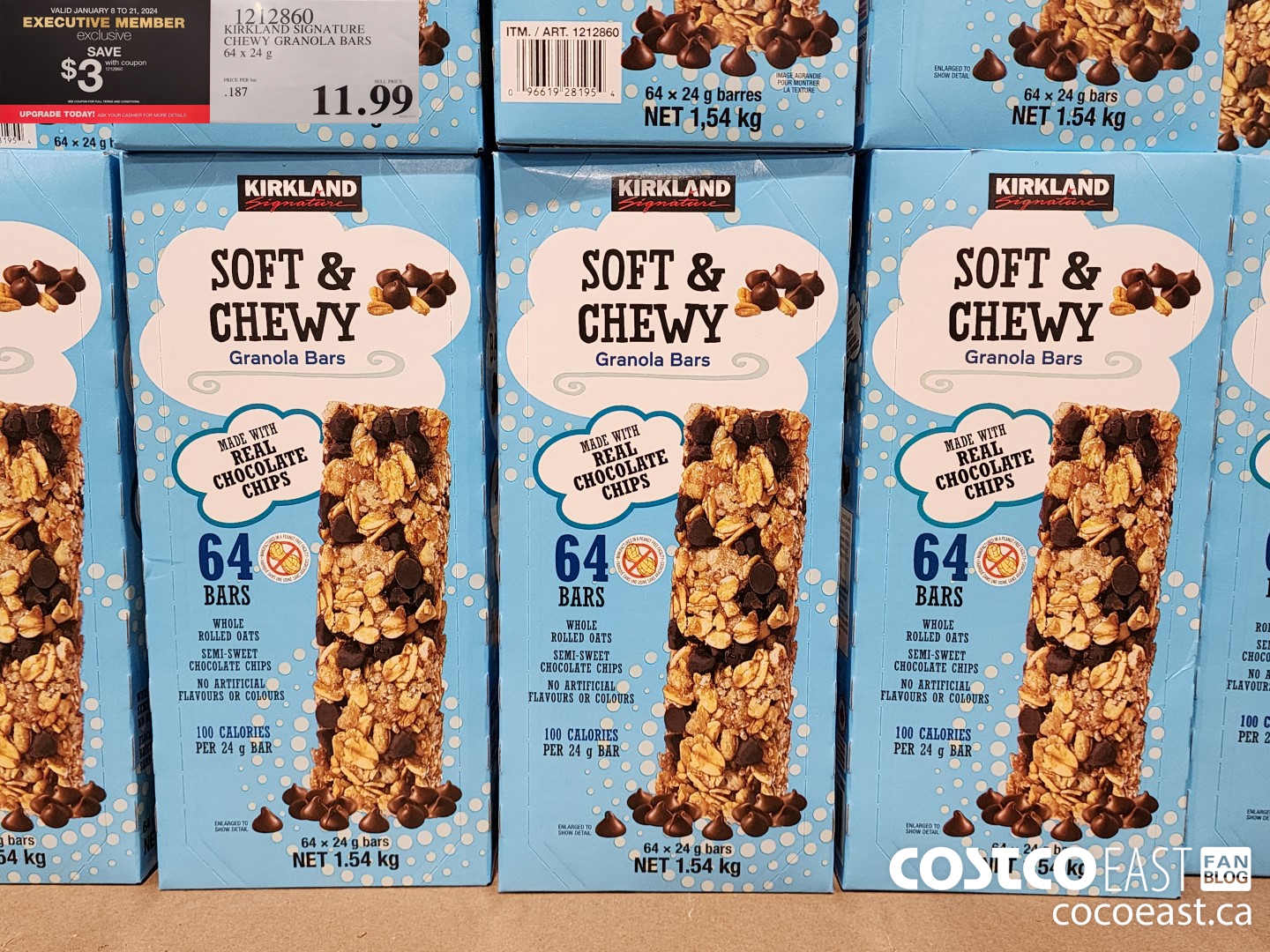 1212860 KIRKLAND SIGNATURE CHEWY GRANOLA BARS 64 X 24 G ($3.00 INSTANT SAVINGS EXPIRES ON 2024-01-21) $8.99
