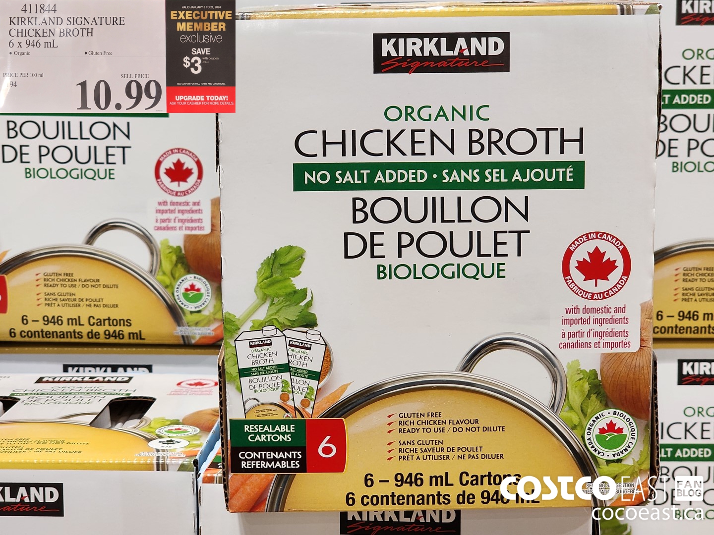 411844 KIRKLAND SIGNATURE CHICKEN BROTH 6 X 946 ML ($3.00 INSTANT SAVINGS EXPIRES ON 2024-01-21) $7.99