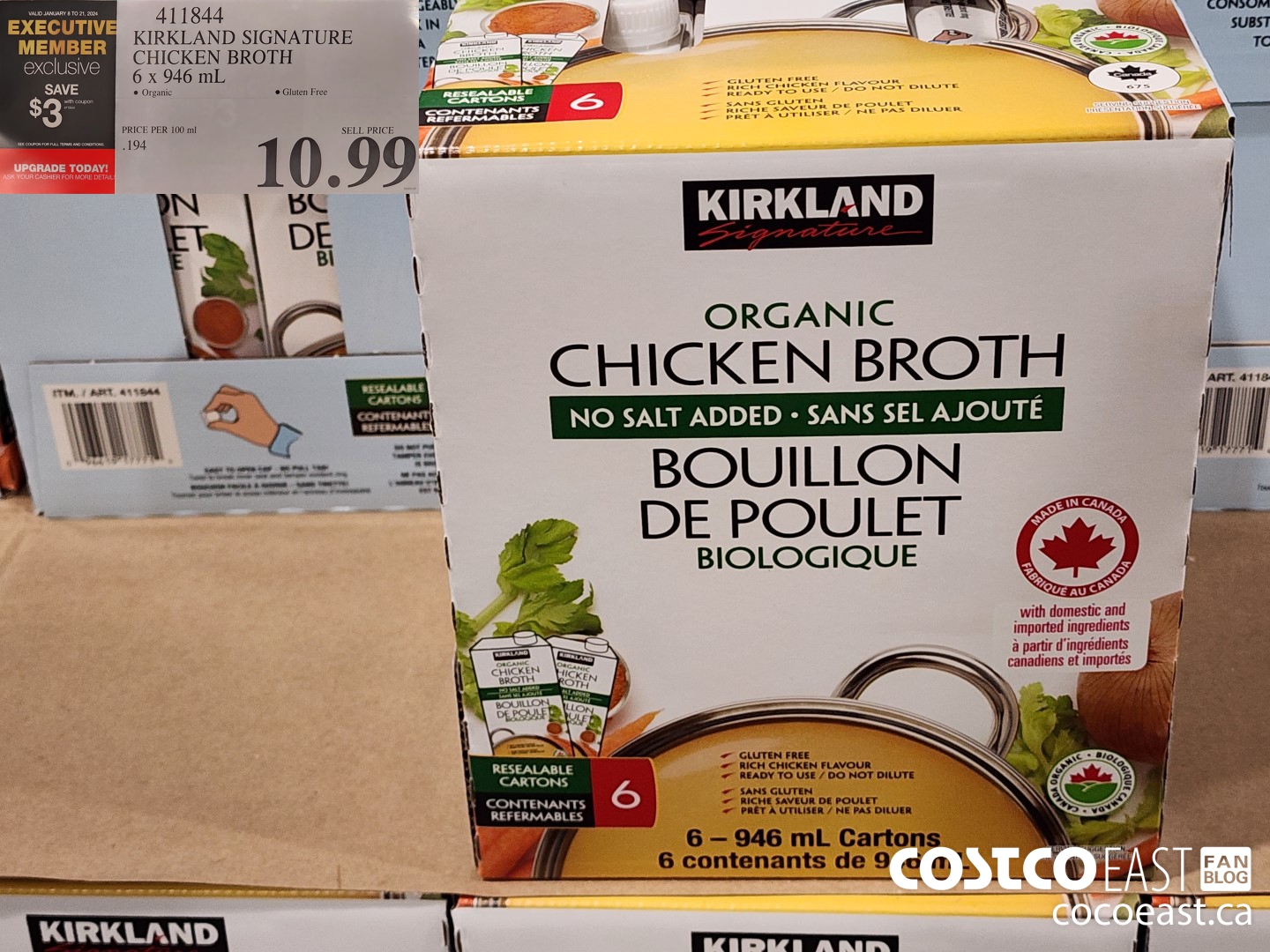 411844 KIRKLAND SIGNATURE CHICKEN BROTH 6 X 946 ML ($3.00 INSTANT SAVINGS EXPIRES ON 2024-01-21) $7.99
