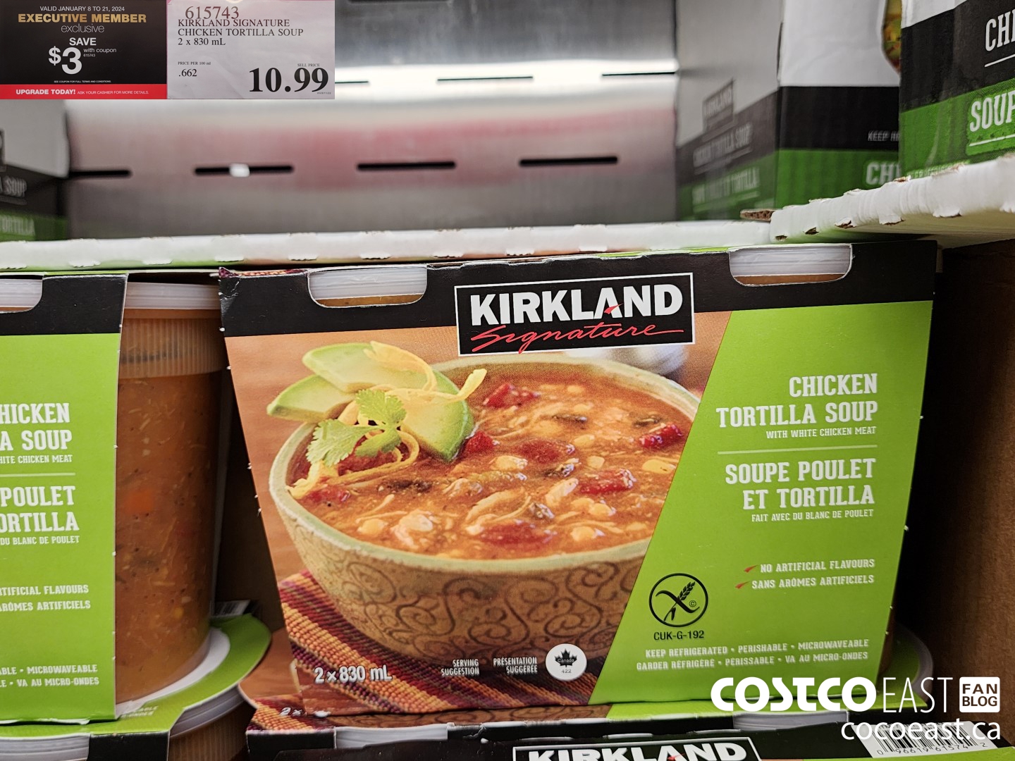 615743 KIRKLAND SIGNATURE CHICKEN TORTILLA SOUP 2 X 830 ML ($3.00 INSTANT SAVINGS EXPIRES ON 2024-01-21) $7.99